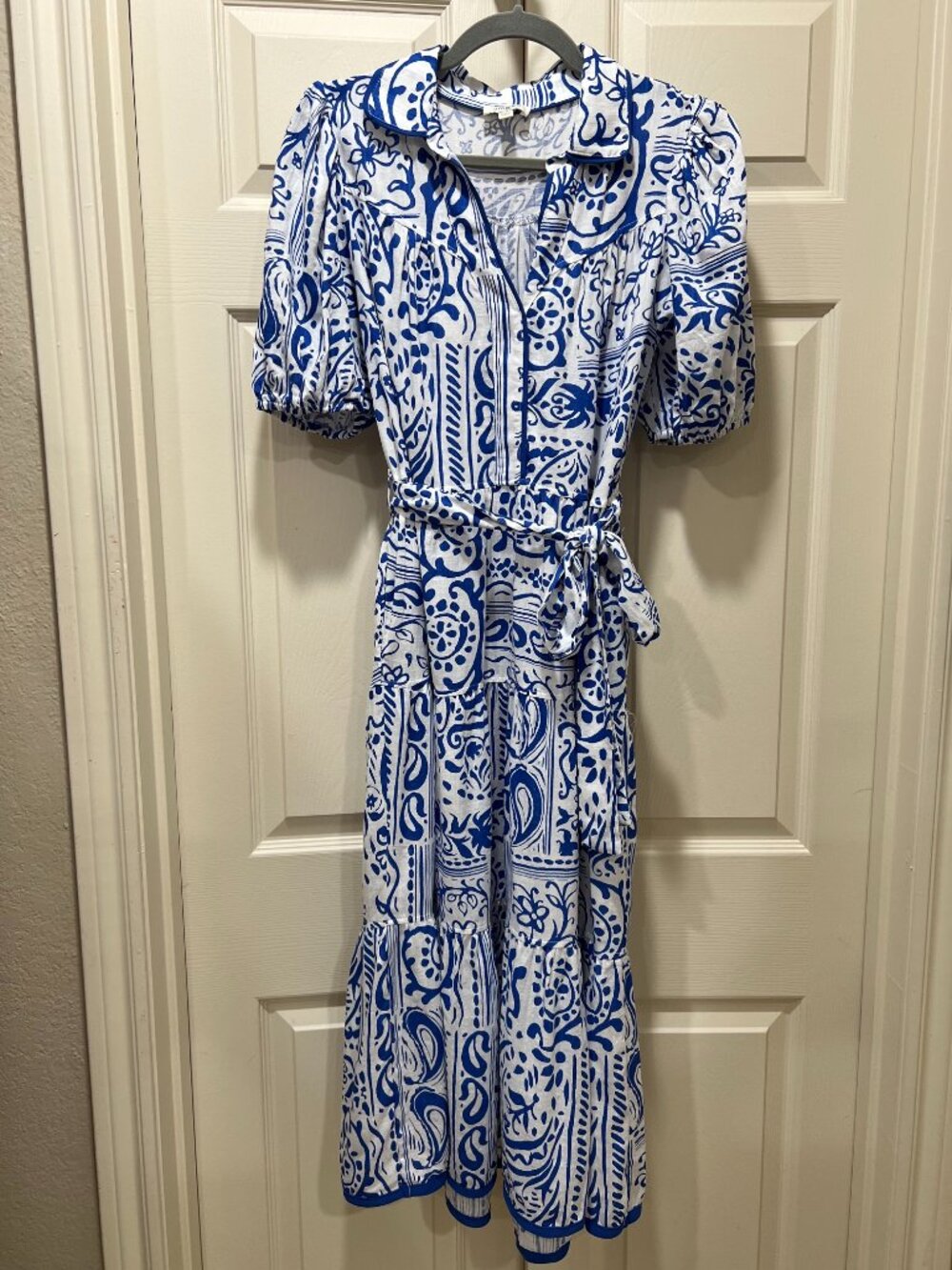 Women's Umgee Dress Blue White Paisley Midi Tie Waist Puff Sleeves - Small